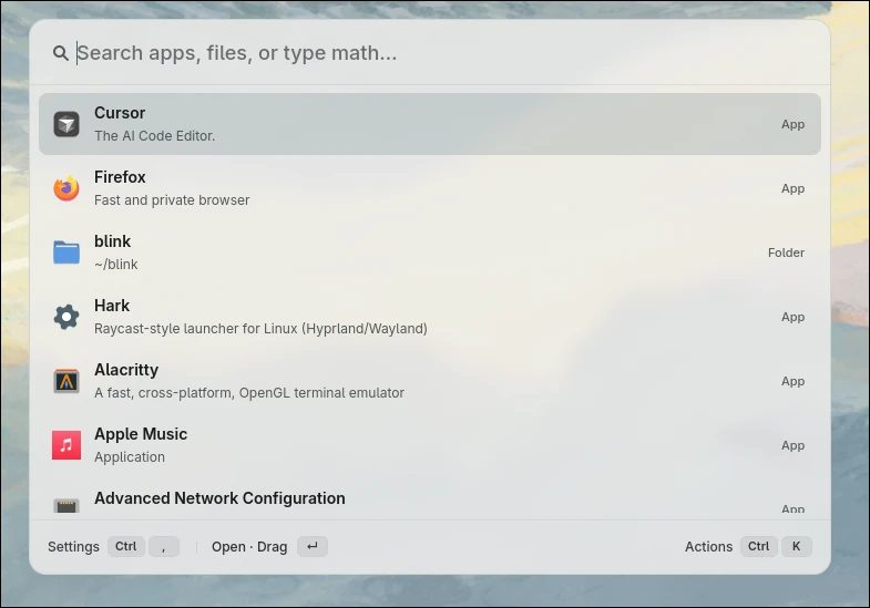Hark's overlay in light mode, showing app search results for Cursor, Firefox, blink, Hark, and Alacritty.